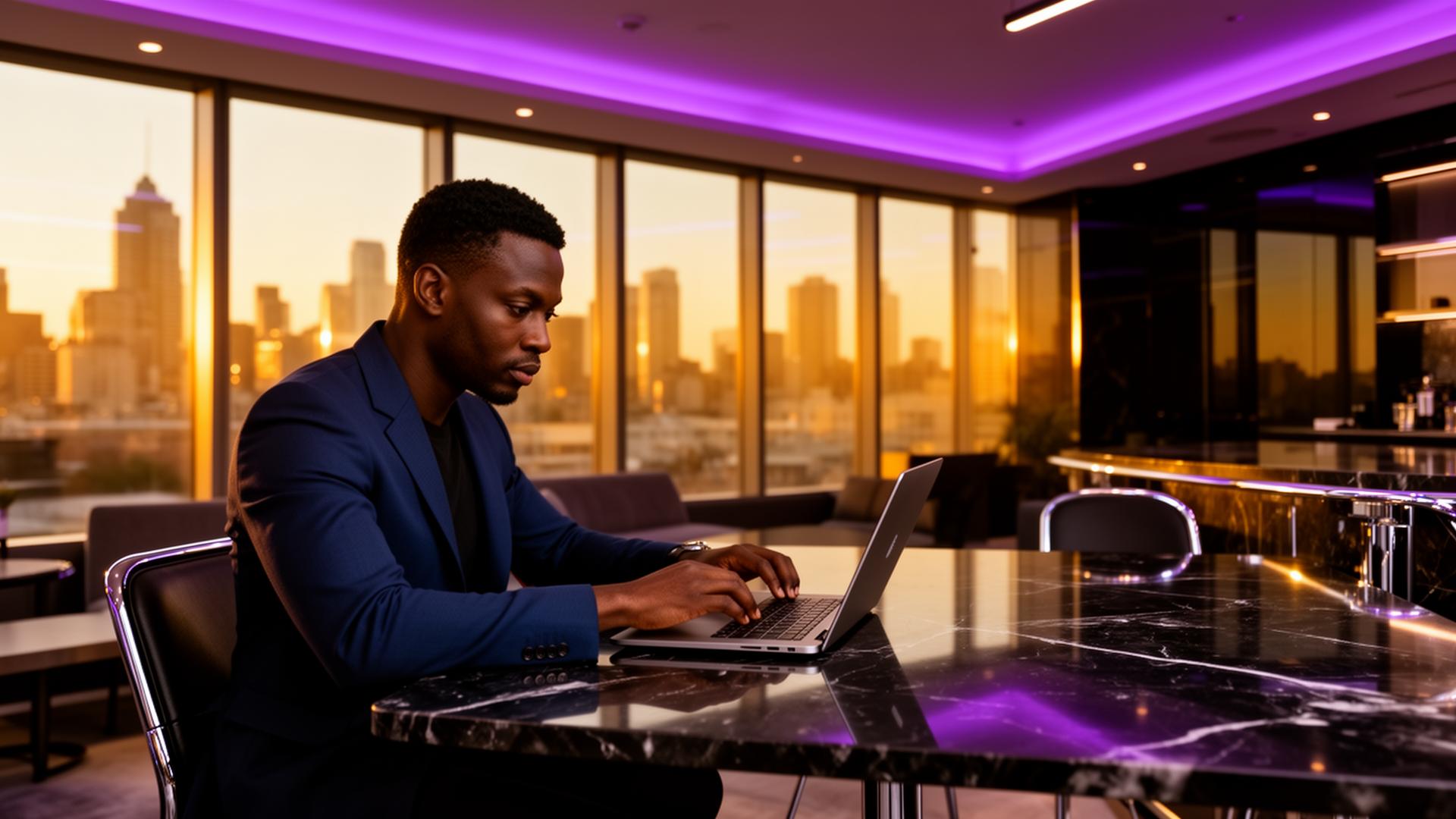 Modern co-working lounge at golden hour with violet ambient lighting